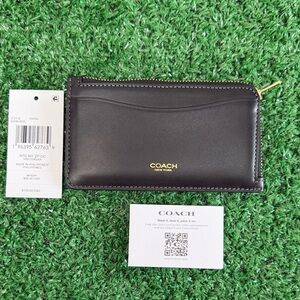 Coach Black Leather Zip Card Case with Gold Logo